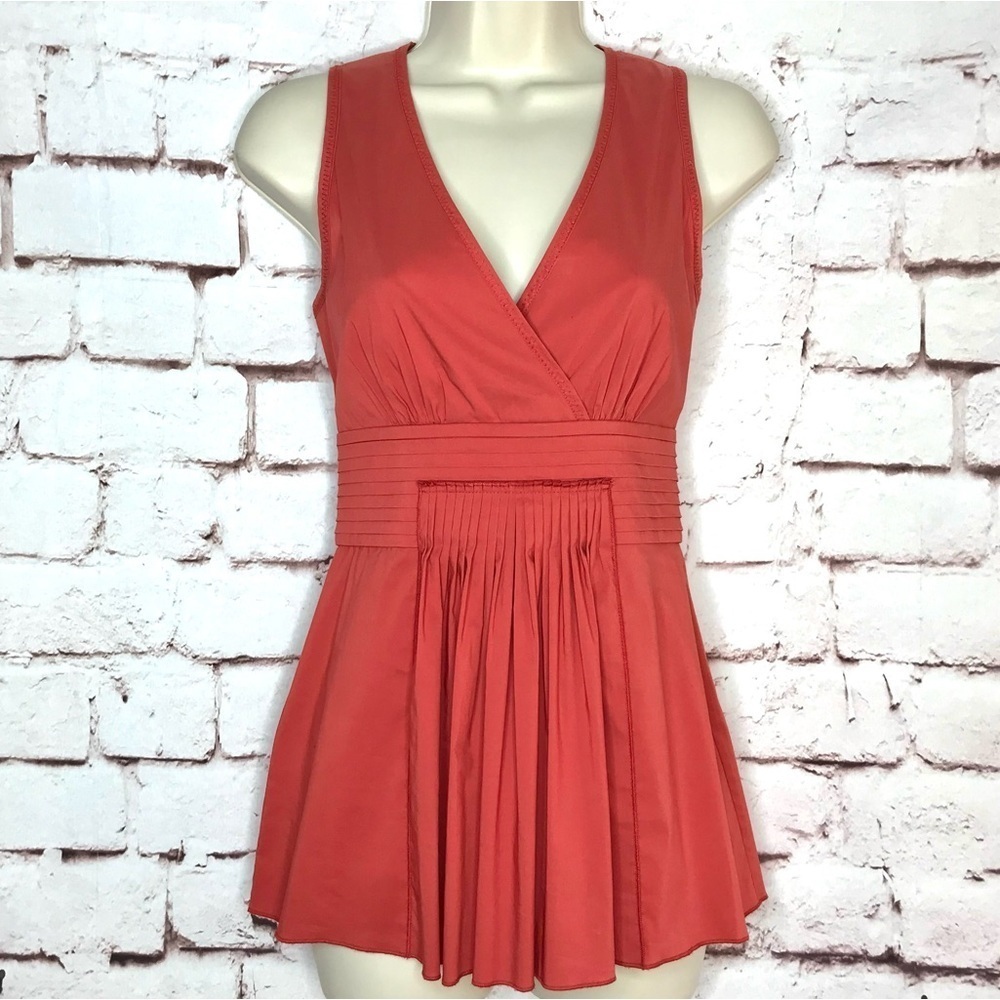 BCBGMAXAzria XS Coral Pleated Faux Wrap V-Neck Empire Waist Peplum Cotton Top XS